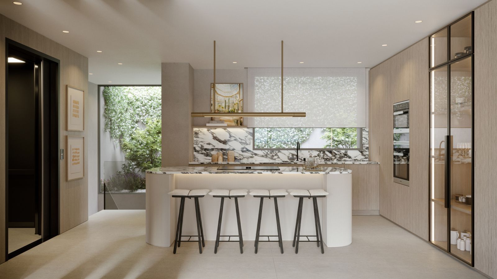 Nowoczesna wyspa kuchenna z widokiem na bujny ogród