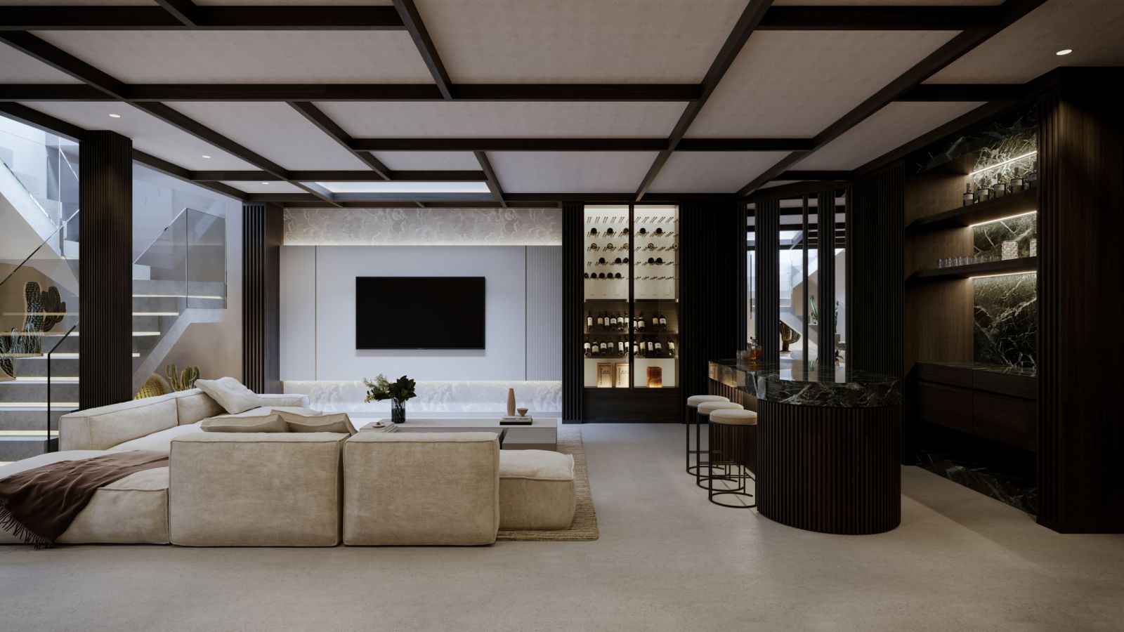 Luksusowy salon z barem i kolekcją win