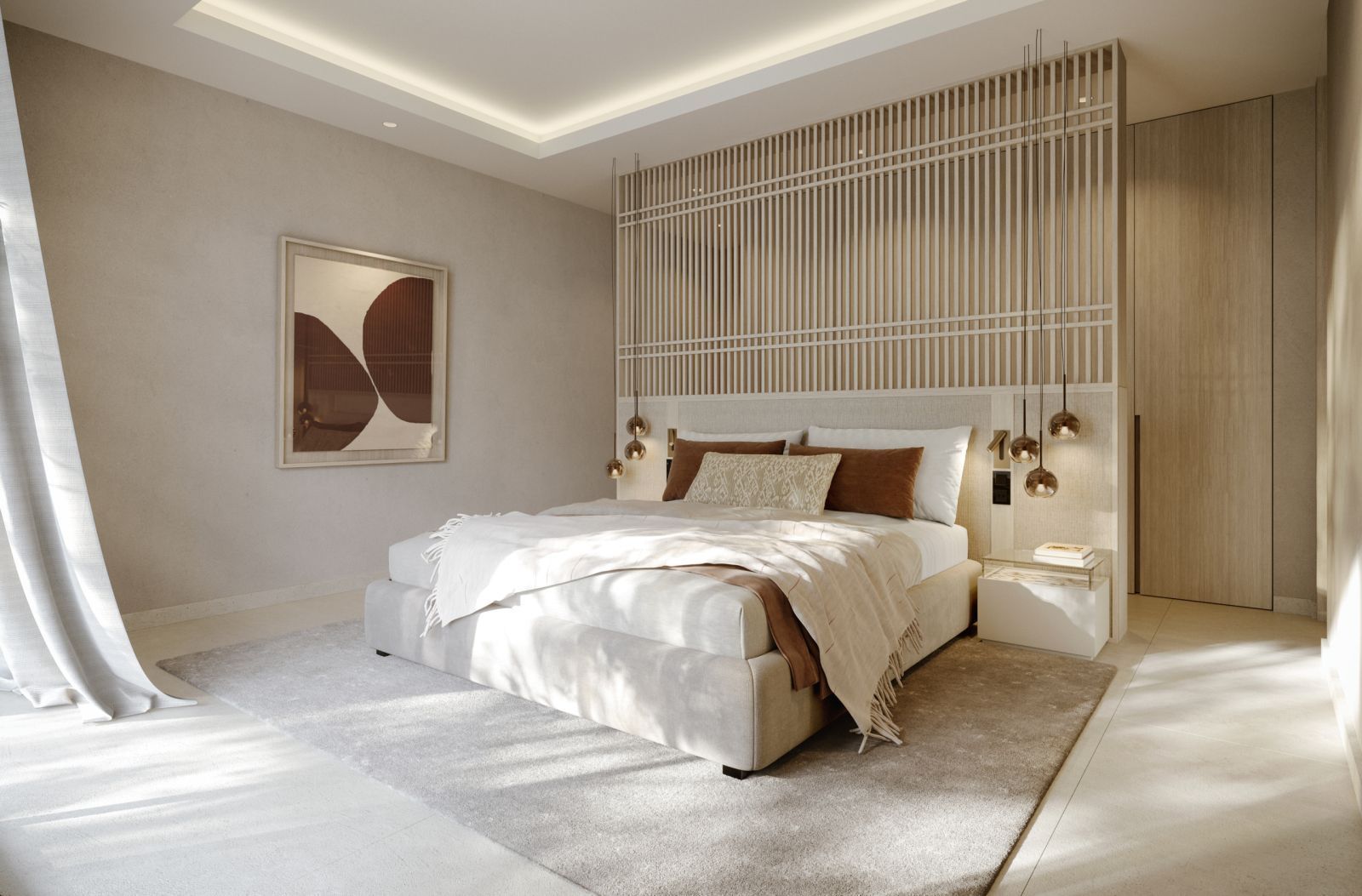 Nowoczesna sypialnia z beżowym wystrojem i drewnianymi akcentami.